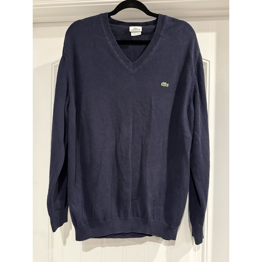 Lacoste V-Neck‎ Sweater Size 6 Large Blue Navy Knit Pullover Crocodile Logo